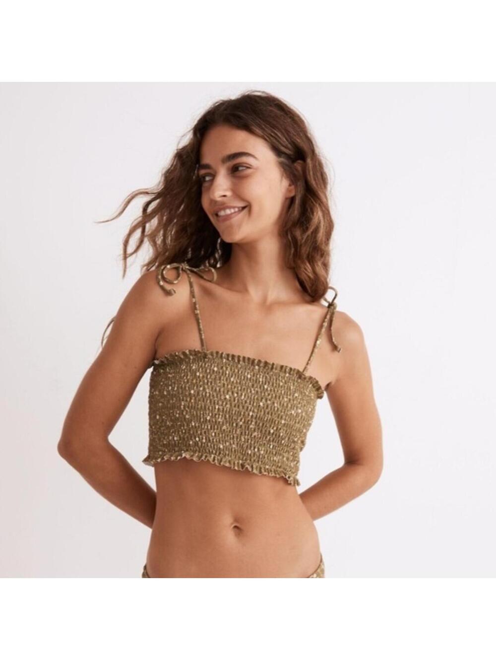 Madewell XXS Smocked Floral Crop Top Green Ruffle Tie Strap Summer Boho Top